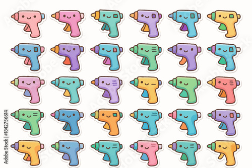 Colorful kawaii toy water guns with cartoon faces in pastel shades