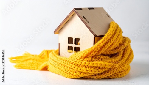 Wooden house wrapped in thick yellow knitted scarf symbolizes warmth insulation and energy efficiency perfect for winter home care visuals sustainable living promotion and cozy housing concept illustr
