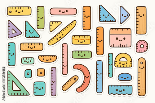 Colorful cartoon measuring tools with cute faces on white background