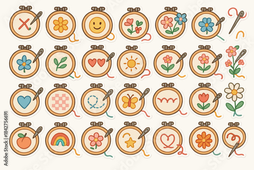 Colorful embroidery hoops with various patterns and designs
