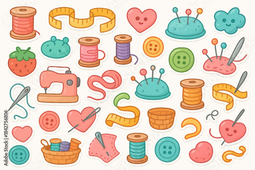 Colorful sewing supplies pattern with thread, buttons, and needles