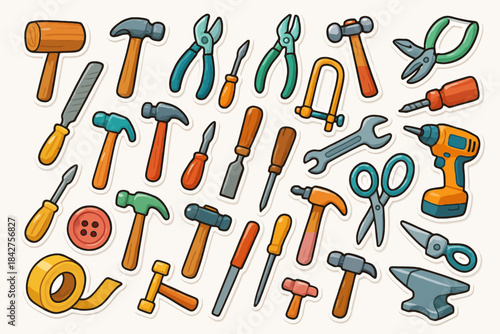 Colorful cartoon tool set with hammers, pliers, screwdrivers, and more