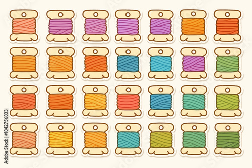 Colorful cartoon embroidery thread spools in rows