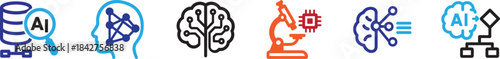 Bold AI research icon set illustrating artificial intelligence, data analysis, machine learning, and innovation.