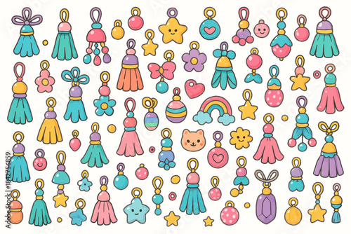 Colorful assortment of cartoon charms and cute accessories on white background