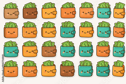 Cute cartoon wallets filled with cash in various colors and smiling faces