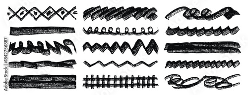 Textured horizontal lines, fragments of ornament underlines, textured grunge set, wavy and zigzag and straight accents.