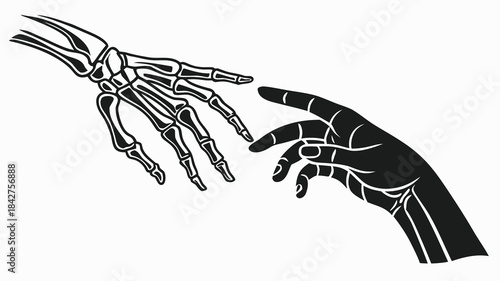 Vector illustration black and white illustration of a human hand and a skeleton hand reaching out to touch fingers