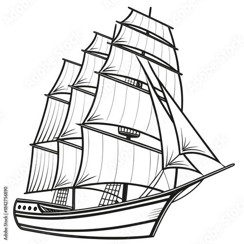 Vector illustration black and white illustration of a sailing ship with multiple masts
