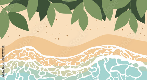 An aerial view illustration captures a serene tropical beach scene with lush green leaves framing soft sandy shores and gentle ocean waves.
