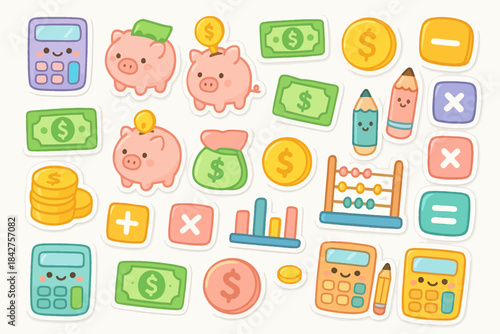 Cute finance-themed stickers featuring piggy banks and calculators