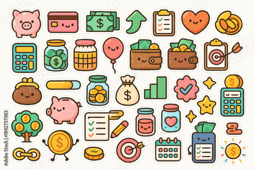Cute financial and money-themed icon stickers with cartoon style