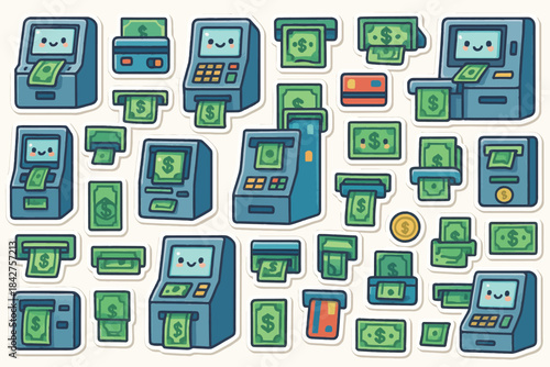 Cartoon atm machines with smiling faces and money illustrations