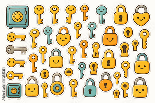 Cute cartoon keys and locks with smiling faces in various colors and shapes