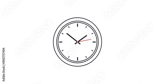 A black and white line art illustration of an analog wall clock, featuring hour, minute, and second hands indicating time.