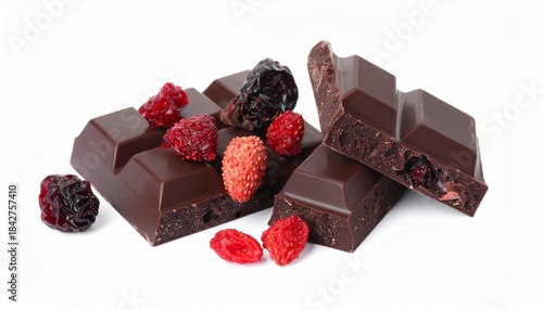 Delicious dark chocolate bars with dried red berries showcase a gourmet treat combining rich cocoa and tart fruit perfect for dessert lovers and specialty snack enthusiasts who crave indulgent flavor 