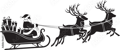 Christmas Santa Sleigh Silhouette with Reindeer Black Vector Art