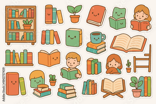 Charming book-themed stickers with children and cozy reading elements