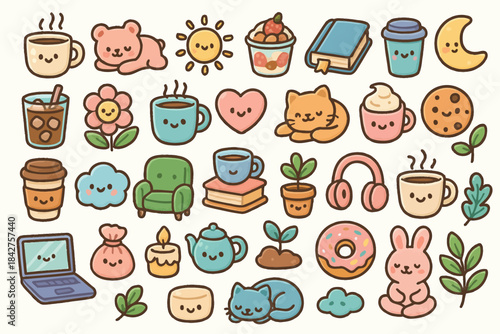 Cute kawaii doodles tea coffee plants animals objects collection