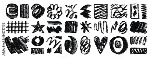 Bright positive set doodle elements abstract shapes and strokes, hand drawn texture dry brush hearts, circles, stars and creative messy elements for posters or web design