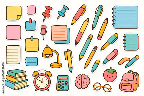 Colorful stationery and study supplies with sticky notes and pens