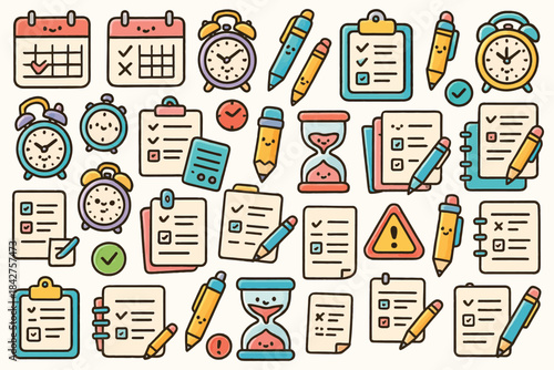 Colorful calendar and stationery elements with alarm clocks and checklists