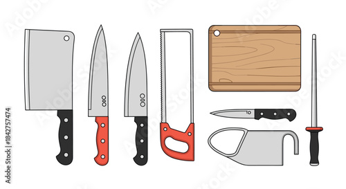 An illustrated collection of essential butchery and meat preparation tools, featuring knives, a bone saw, cutting board, and a sharpening steel.