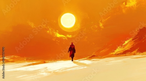 A solitary figure walks across a sun-drenched desert landscape