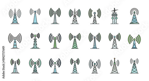 A diverse set of hand-drawn telecommunication tower and antenna icons with colorful accents, illustrating wireless signal transmission.