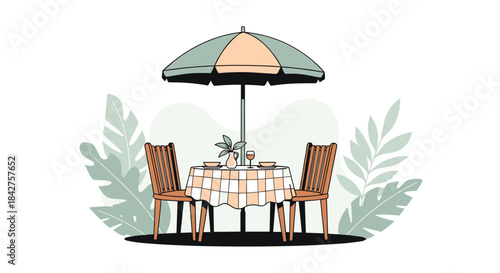 A charming outdoor dining setup with a table for two, covered by a large umbrella and surrounded by lush green foliage, ready for a peaceful meal.