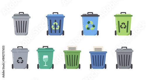 A colorful collection of flat design trash cans and recycling bins for waste management and sorting.