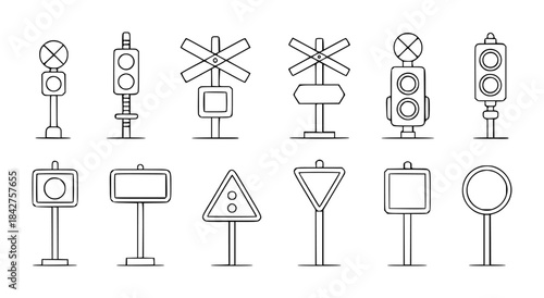 Collection of black and white traffic signs and signals
