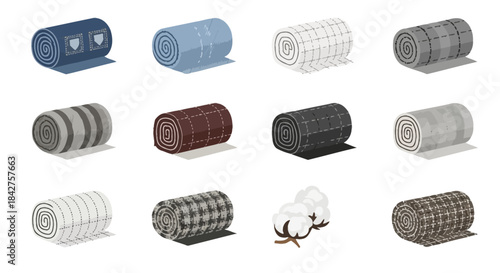 A diverse collection of rolled camping blankets and sleeping bags with various patterns and textures.