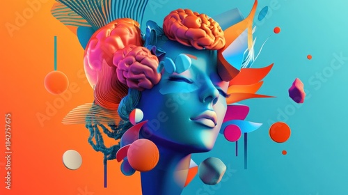 Abstract woman's head, vibrant colors, geometric shapes, brains, artistic
