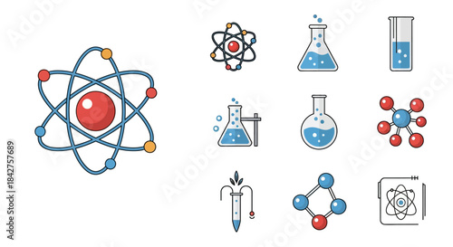 A colorful set of hand-drawn science icons featuring atoms, molecules, and chemistry laboratory glassware illustrations.