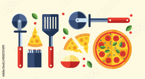 Flat lay illustration of pizza making tools and ingredients including cutters, spatula, cheese, and a delicious whole pizza.