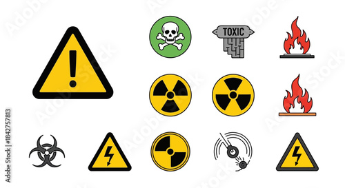 A diverse collection of colorful hazard and warning symbols, including toxic, radiation, biohazard, and flammable signs.