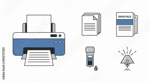 A collection of printing icons featuring a blue printer, paper documents, and an ink cartridge in a clean line art style.