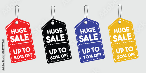 Colorful Hanging Sale Tags with Discount Percentages for Promotional Retail Advertising