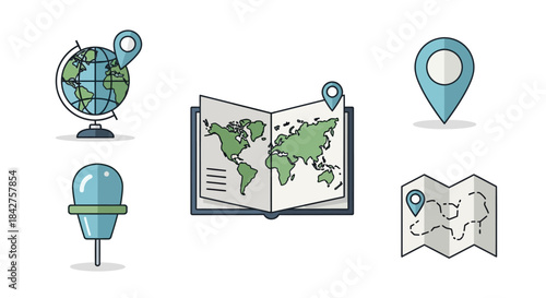 A colorful set of flat outline icons representing travel, geography, maps, and navigation, including a globe, book, and pins.