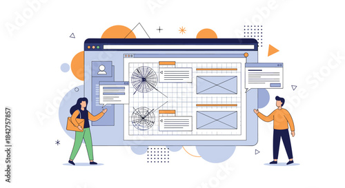 Designers collaborating on a web UI/UX project, showcasing a large browser interface with wireframes and interactive elements.