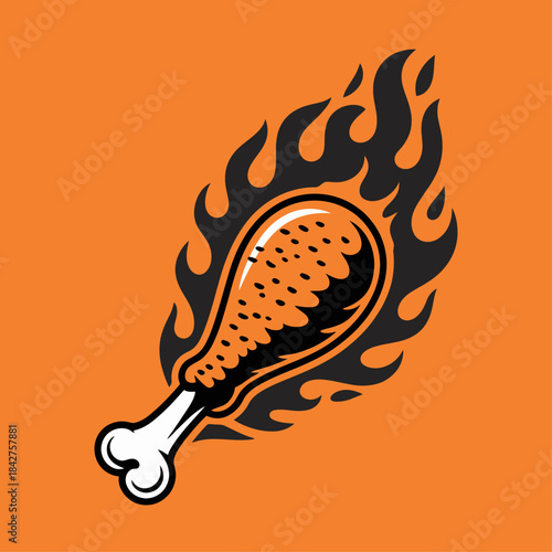Flaming orange and black stylized fried chicken drumstick with bone flames fire