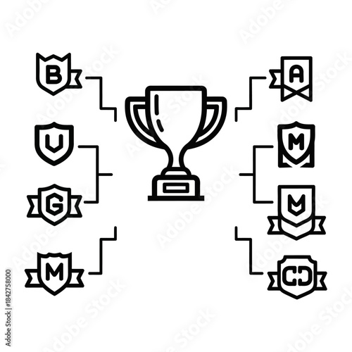 A black line art icon of a tournament bracket chart with a central trophy cup and eight competing team shield emblems.