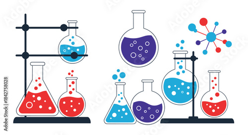 Illustration of chemistry lab equipment, featuring various flasks and beakers with colorful bubbling liquids and a molecular structure, for science experiments.