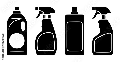 Four black silhouette detergent and spray bottles white silhouettes