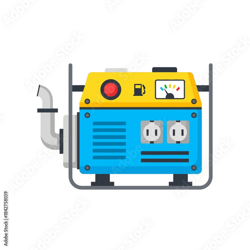 A blue and yellow portable electric power generator with a control panel, outlets, and exhaust pipe.