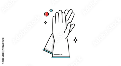A pair of white protective rubber gloves surrounded by suds and sparkles, representing cleanliness and domestic chores.