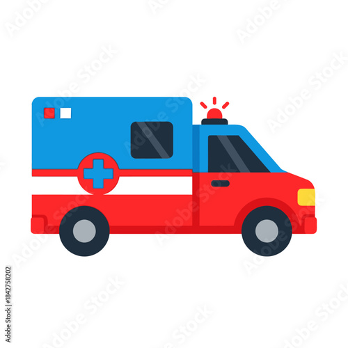 A colorful red and blue cartoon ambulance with a flashing siren and medical cross, depicted in a simple flat design style.