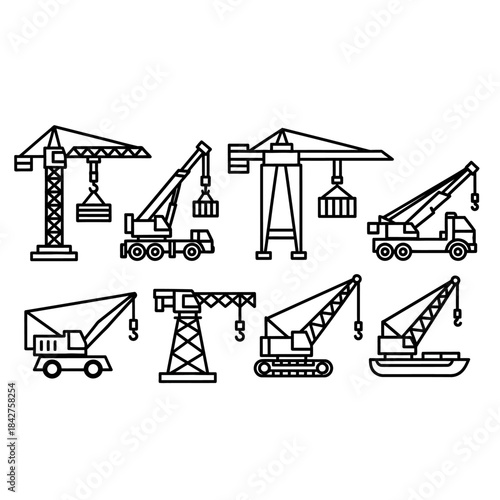 A diverse collection of construction crane icons in a clean, black line art style, showing various heavy machinery types.
