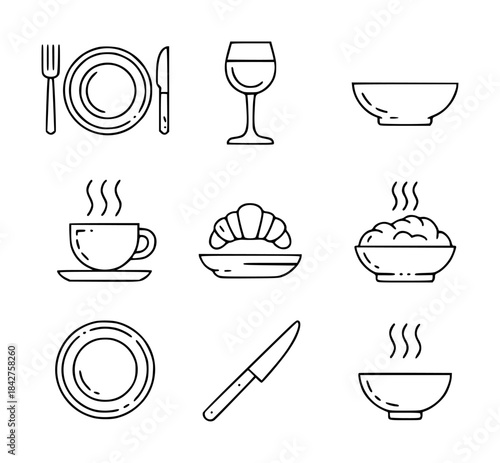 Monochrome Line of Dining Utensils and Food White fork knife